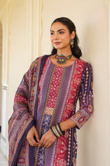 purple rayon blend ethnic motifs printed straight kurta trouser with dupatta