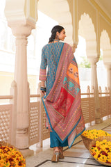 blue rayon blend ethnic motifs printed straight kurta trouser with dupatta