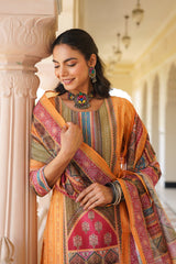 yellow rayon blend ethnic motifs printed straight kurta trouser with dupatta