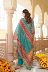 blue rayon blend ethnic motifs printed straight kurta trouser with dupatta