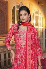 red silk blend ikat embroidered straight kurta trousers with dupatta