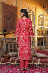 red silk blend ikat embroidered straight kurta trousers with dupatta