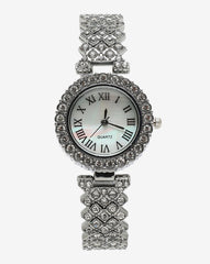 White Crystal Stones Analog Round Dial With Silver Crystal Stone Metal Strap