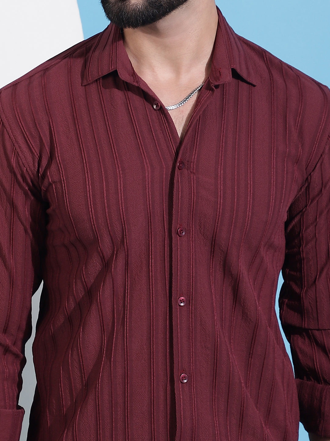 Maroon Striped Casual Shirt For Mens