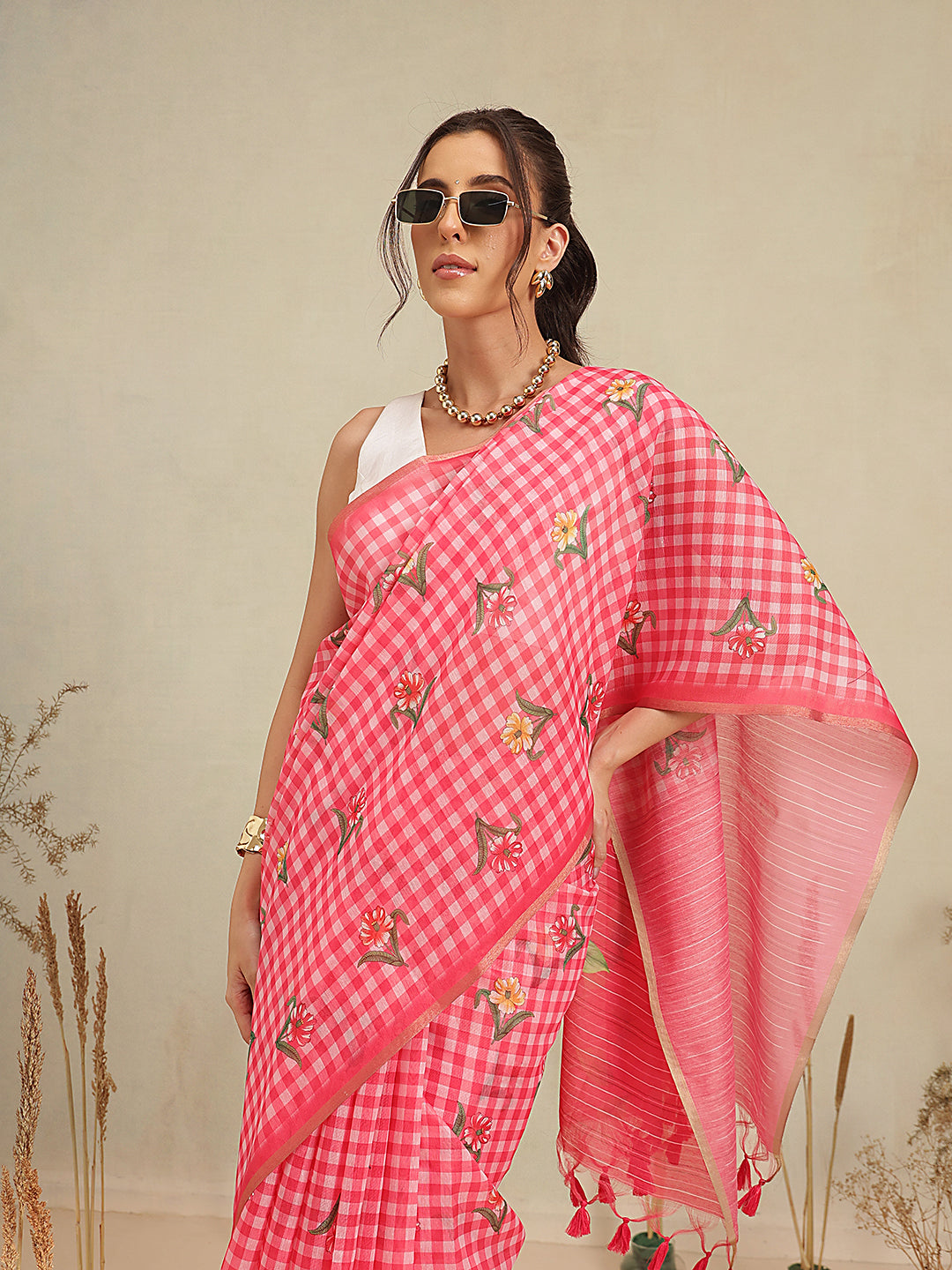 Digital Printed Work Wear Formal Saree With Checks Work