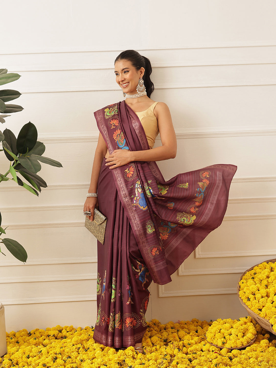 Kalamkari Printed Art Silk Festive Saree With Unstitched Blouse Piece