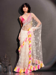 Off white colored net saree with faux mirror embroidery and printed lehariya frill on border