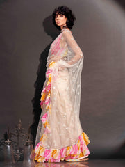 Off white colored net saree with faux mirror embroidery and printed lehariya frill on border