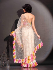 Off white colored net saree with faux mirror embroidery and printed lehariya frill on border