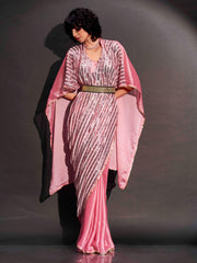 Pink colored designer sequinned kaftan saree with belt and embellished border