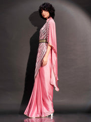 Pink colored designer sequinned kaftan saree with belt and embellished border