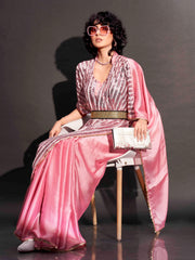 Pink colored designer sequinned kaftan saree with belt and embellished border