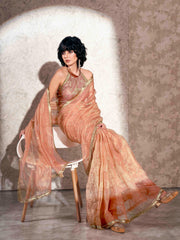 ساري شبكي لامع بلون الخوخ مع تطريز متسلسل ودانتيل مزين بالترتر