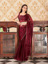 Tikhi Imli - Maroon colored satin chiffon saree with embroiderd blouse and scalloped border
