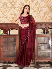 Tikhi Imli - Maroon colored satin chiffon saree with embroiderd blouse and scalloped border