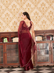 Tikhi Imli - Maroon colored satin chiffon saree with embroiderd blouse and scalloped border