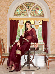 Tikhi Imli - Maroon colored satin chiffon saree with embroiderd blouse and scalloped border