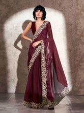 Tikhi Imli - Maroon colored embroidered scalloped satin organza saree