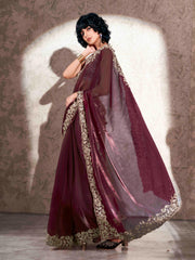 Tikhi Imli - Maroon colored embroidered scalloped satin organza saree
