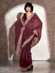 Tikhi Imli - Maroon colored embroidered scalloped satin organza saree