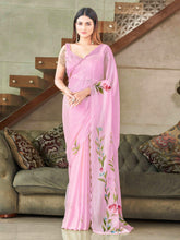 Tikhi Imli - Pink colored striped shimmer saree with floral hand print and scalloped border