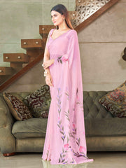 Tikhi Imli - Pink colored striped shimmer saree with floral hand print and scalloped border
