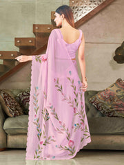 Tikhi Imli - Pink colored striped shimmer saree with floral hand print and scalloped border