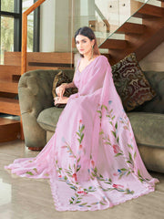 Tikhi Imli - Pink colored striped shimmer saree with floral hand print and scalloped border