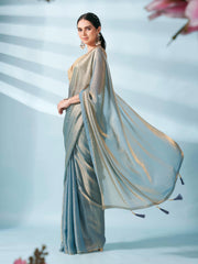 ساري شيفون لامع باللونين الأزرق والذهبي مع شرابات من قماش البالو وبلوزة من الليكرا الفاخرة