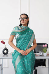 Tikhi Imli - Ready to wear green colored printed poly cotton saree