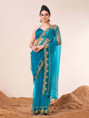 Firozi colored net embroidered saree