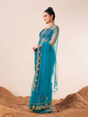 Firozi colored net embroidered saree