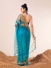 Firozi colored net embroidered saree