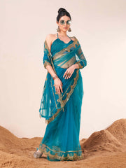 Firozi colored net embroidered saree