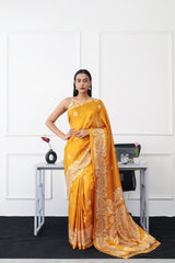 Tikhi Imli - Ready to wear mustard colored printed satin saree