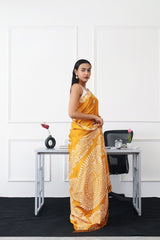 Tikhi Imli - Ready to wear mustard colored printed satin saree
