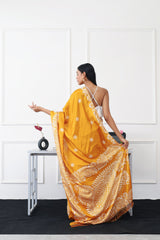 Tikhi Imli - Ready to wear mustard colored printed satin saree