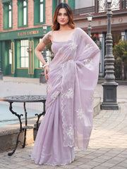 Lavendar colored burbery satin saree with sequinned embroidered butta on pallu and scalloped border