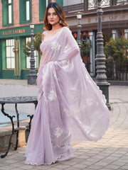 Lavendar colored burbery satin saree with sequinned embroidered butta on pallu and scalloped border
