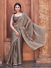 Two toned grey and pink colored wrinkled saree with embroidered blouse and embellished lace