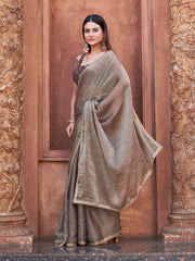 Two toned grey and pink colored wrinkled saree with embroidered blouse and embellished lace