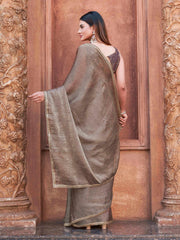 Two toned grey and pink colored wrinkled saree with embroidered blouse and embellished lace