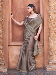 Two toned grey and pink colored wrinkled saree with embroidered blouse and embellished lace