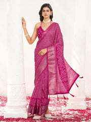 Ready to wear pink colored bandhni printed cotton blend saree