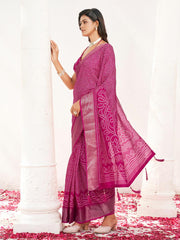 Ready to wear pink colored bandhni printed cotton blend saree