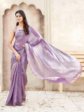 Ready to wear two tone purple and gold colored jimmy choo saree with embellished border