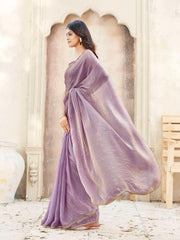 Ready to wear two tone purple and gold colored jimmy choo saree with embellished border