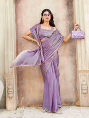 Ready to wear two tone purple and gold colored jimmy choo saree with embellished border