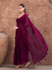 Ready to wear two tone pink and wine colored shimmer satin saree with tassles on pallu