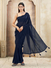 Ready to wear navy blue colored shimmer saree with tassles on pallu